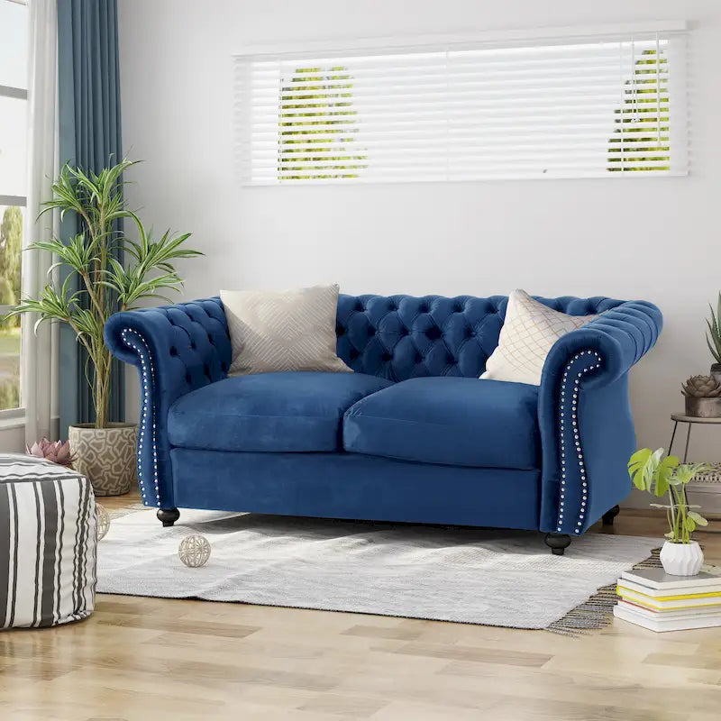 Causeuse chesterfield en polyester noir mûre/bleu marine/émeraude/beige/gris foncé avec garniture cloutée – 2 places