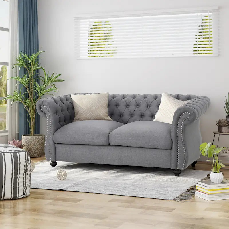 Causeuse chesterfield en polyester noir mûre/bleu marine/émeraude/beige/gris foncé avec garniture cloutée – 2 places