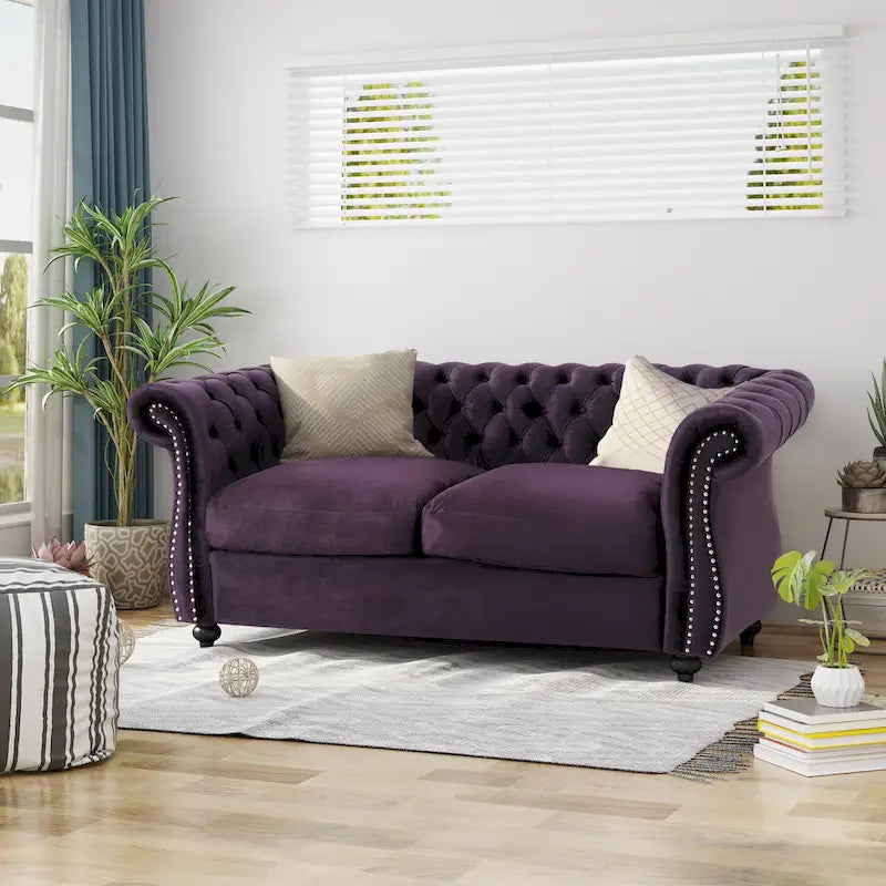 Causeuse chesterfield en polyester noir mûre/bleu marine/émeraude/beige/gris foncé avec garniture cloutée – 2 places