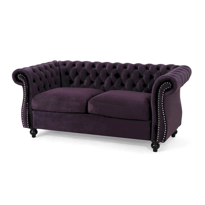 Causeuse chesterfield en polyester noir mûre/bleu marine/émeraude/beige/gris foncé avec garniture cloutée – 2 places