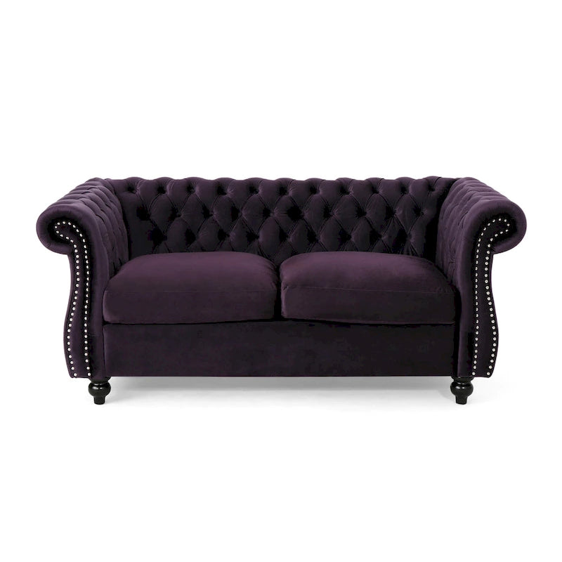 Causeuse chesterfield en polyester noir mûre/bleu marine/émeraude/beige/gris foncé avec garniture cloutée – 2 places