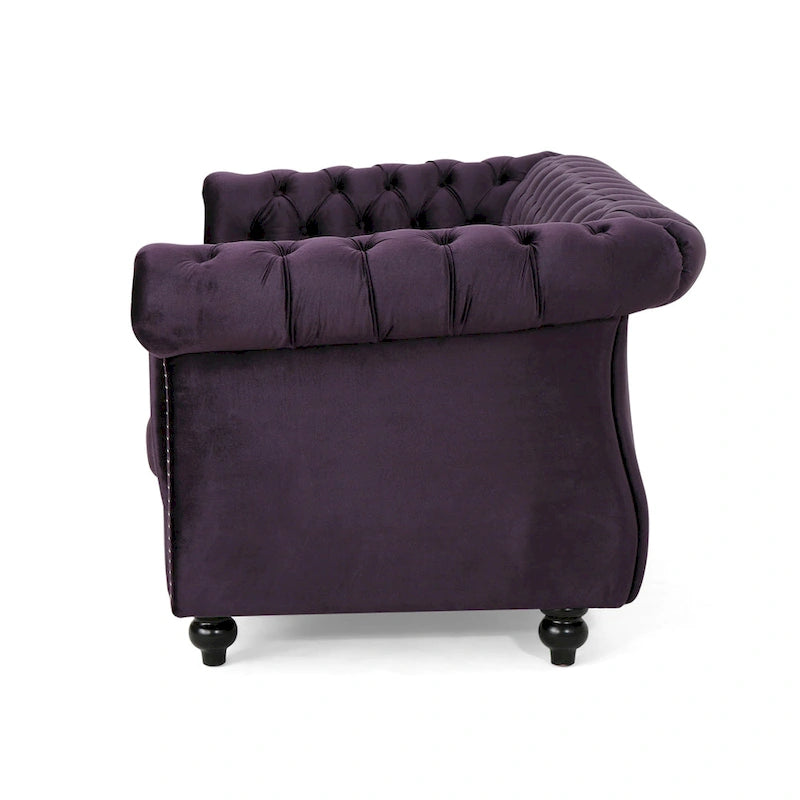 Causeuse chesterfield en polyester noir mûre/bleu marine/émeraude/beige/gris foncé avec garniture cloutée – 2 places