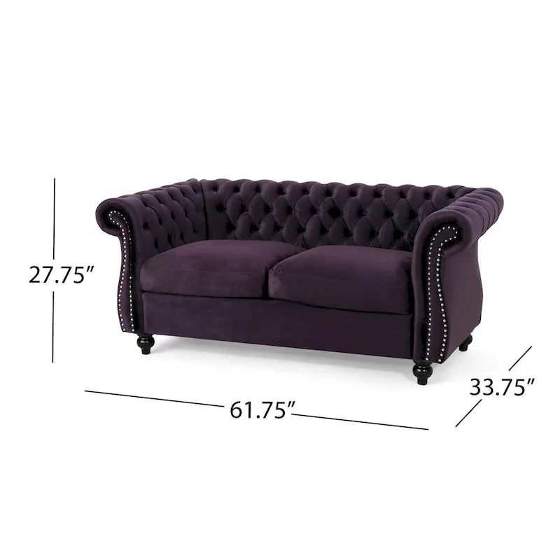 Causeuse chesterfield en polyester noir mûre/bleu marine/émeraude/beige/gris foncé avec garniture cloutée – 2 places