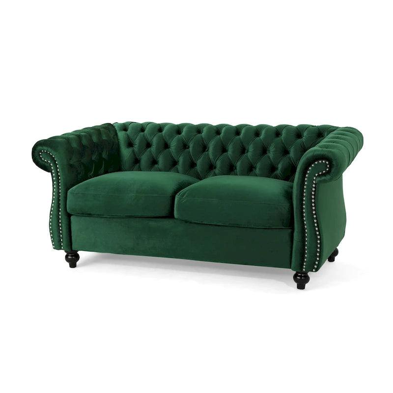 Causeuse chesterfield en polyester noir mûre/bleu marine/émeraude/beige/gris foncé avec garniture cloutée – 2 places