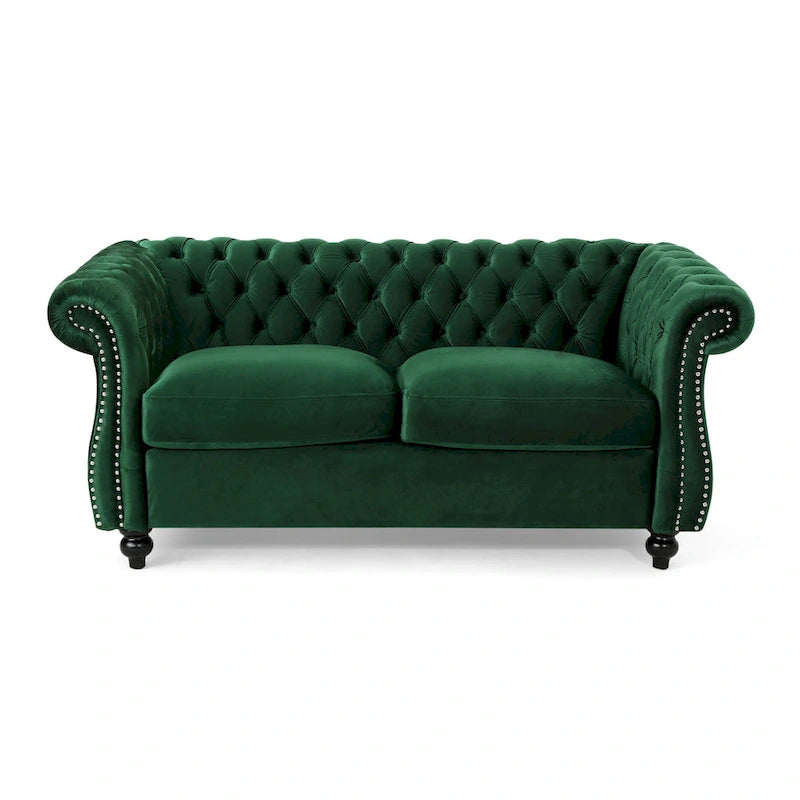 Causeuse chesterfield en polyester noir mûre/bleu marine/émeraude/beige/gris foncé avec garniture cloutée – 2 places