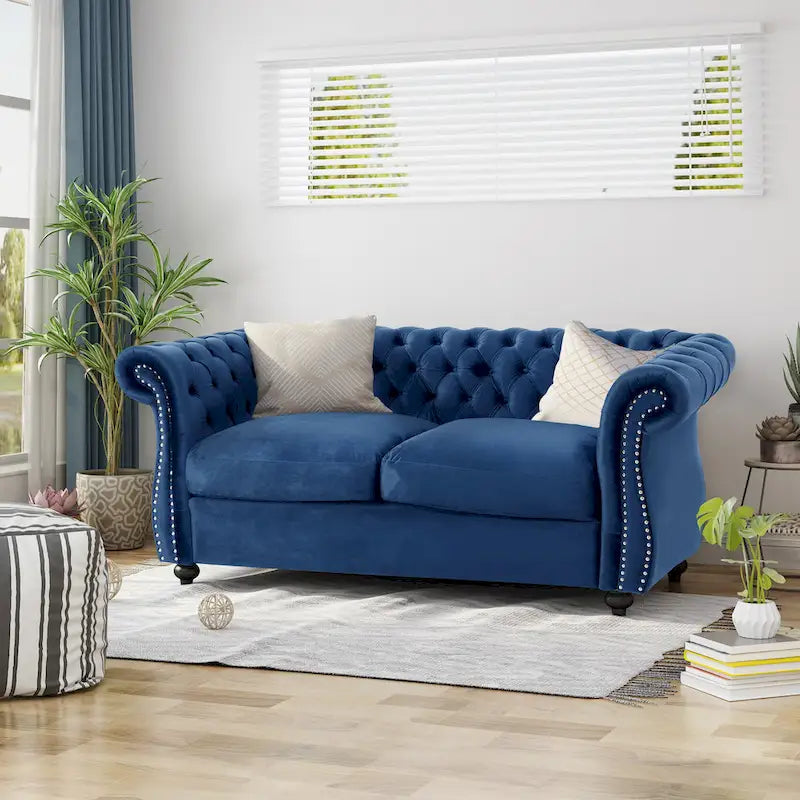 Causeuse chesterfield en polyester noir mûre/bleu marine/émeraude/beige/gris foncé avec garniture cloutée – 2 places