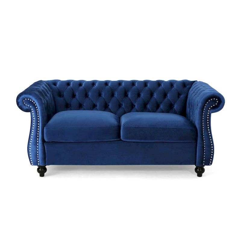 Causeuse chesterfield en polyester noir mûre/bleu marine/émeraude/beige/gris foncé avec garniture cloutée – 2 places