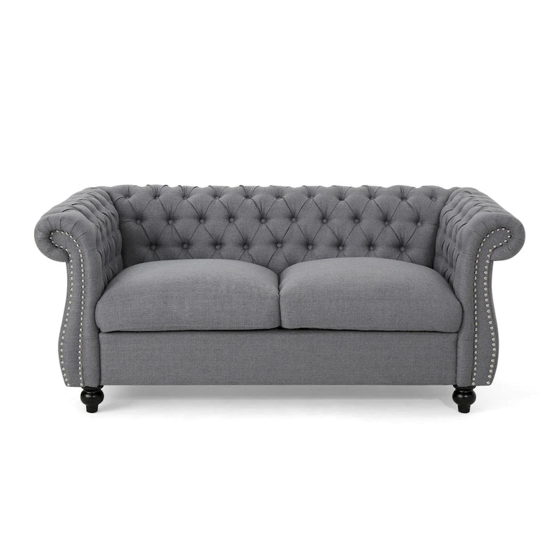 Causeuse chesterfield en polyester noir mûre/bleu marine/émeraude/beige/gris foncé avec garniture cloutée – 2 places