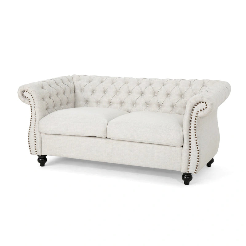 Causeuse chesterfield en polyester noir mûre/bleu marine/émeraude/beige/gris foncé avec garniture cloutée – 2 places