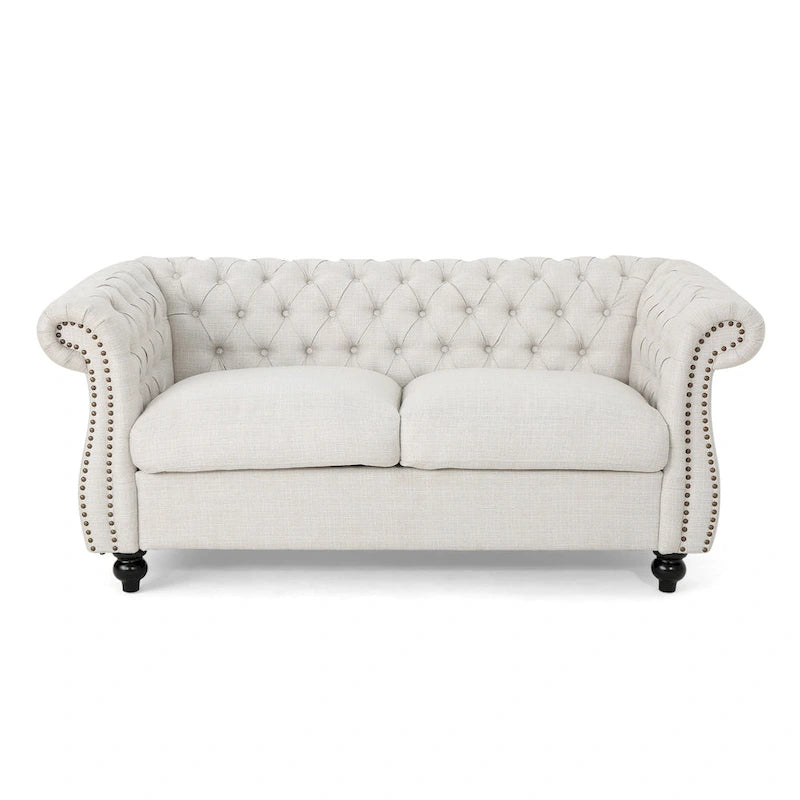 Causeuse chesterfield en polyester noir mûre/bleu marine/émeraude/beige/gris foncé avec garniture cloutée – 2 places