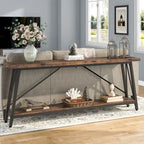 Table console rustique industrielle avec étagères à 2 niveaux et pieds en métal, marron/gris/doré/marron clair et blanc/marron clair et noir/gris clair et blanc - Usage unique