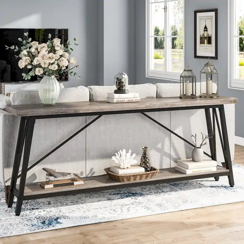 Table console rustique industrielle avec étagères à 2 niveaux et pieds en métal, marron/gris/doré/marron clair et blanc/marron clair et noir/gris clair et blanc - Usage unique