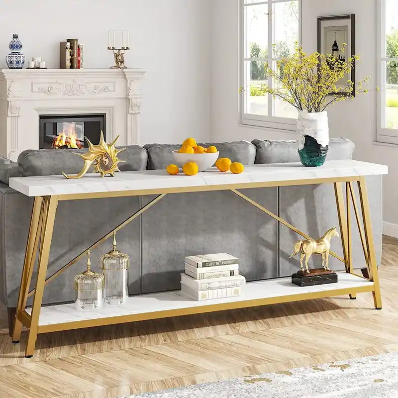 Table console rustique industrielle avec étagères à 2 niveaux et pieds en métal, marron/gris/doré/marron clair et blanc/marron clair et noir/gris clair et blanc - Usage unique