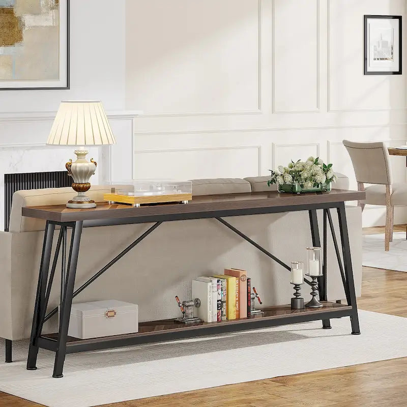 Table console rustique industrielle avec étagères à 2 niveaux et pieds en métal, marron/gris/doré/marron clair et blanc/marron clair et noir/gris clair et blanc - Usage unique
