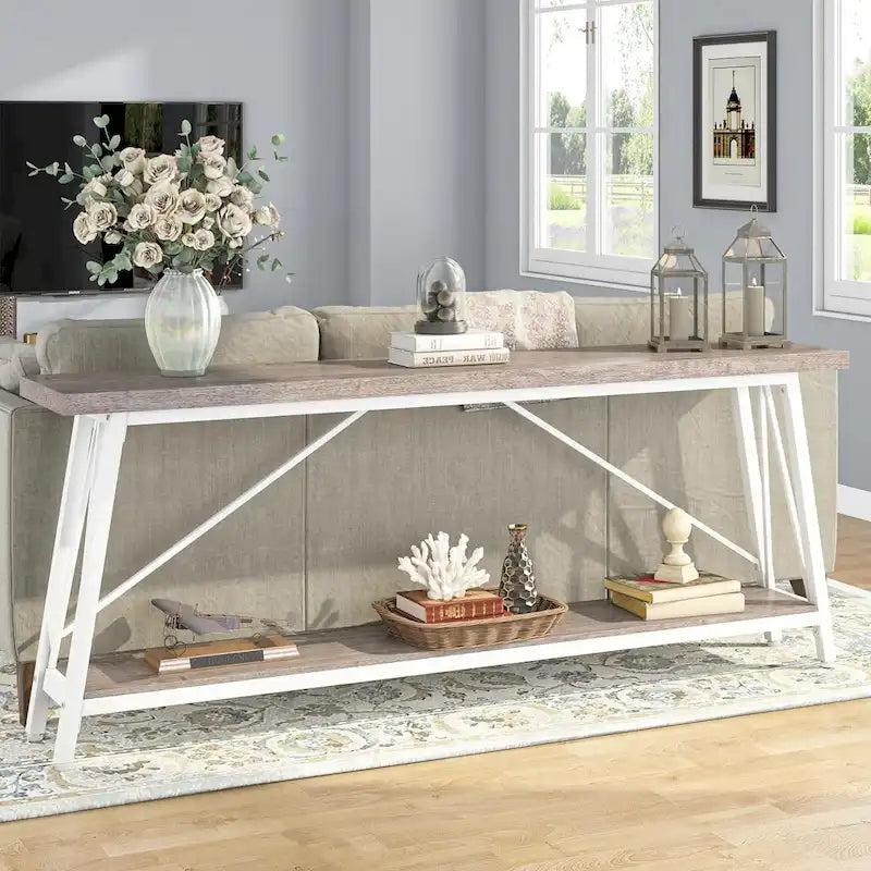 Table console rustique industrielle avec étagères à 2 niveaux et pieds en métal, marron/gris/doré/marron clair et blanc/marron clair et noir/gris clair et blanc - Usage unique