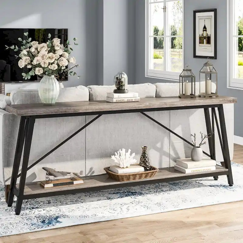 Table console rustique industrielle avec étagères à 2 niveaux et pieds en métal, marron/gris/doré/marron clair et blanc/marron clair et noir/gris clair et blanc - Usage unique