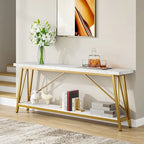 Table console rustique industrielle avec étagères à 2 niveaux et pieds en métal, marron/gris/doré/marron clair et blanc/marron clair et noir/gris clair et blanc - Usage unique