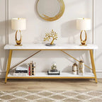 Table console rustique industrielle avec étagères à 2 niveaux et pieds en métal, marron/gris/doré/marron clair et blanc/marron clair et noir/gris clair et blanc - Usage unique