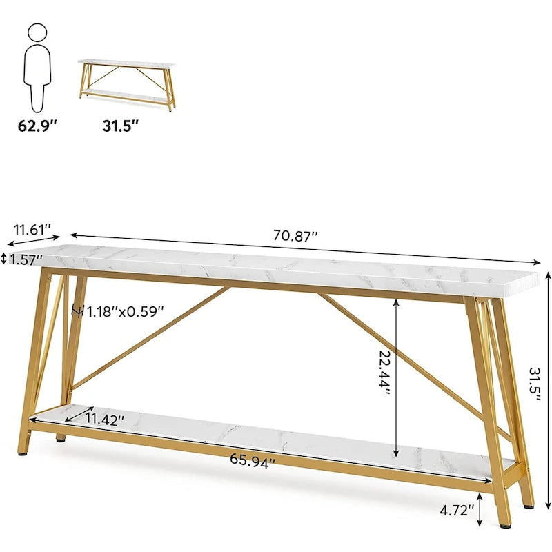 Table console rustique industrielle avec étagères à 2 niveaux et pieds en métal, marron/gris/doré/marron clair et blanc/marron clair et noir/gris clair et blanc - Usage unique