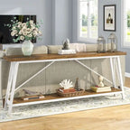 Table console rustique industrielle avec étagères à 2 niveaux et pieds en métal, marron/gris/doré/marron clair et blanc/marron clair et noir/gris clair et blanc - Usage unique