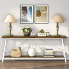 Table console rustique industrielle avec étagères à 2 niveaux et pieds en métal, marron/gris/doré/marron clair et blanc/marron clair et noir/gris clair et blanc - Usage unique