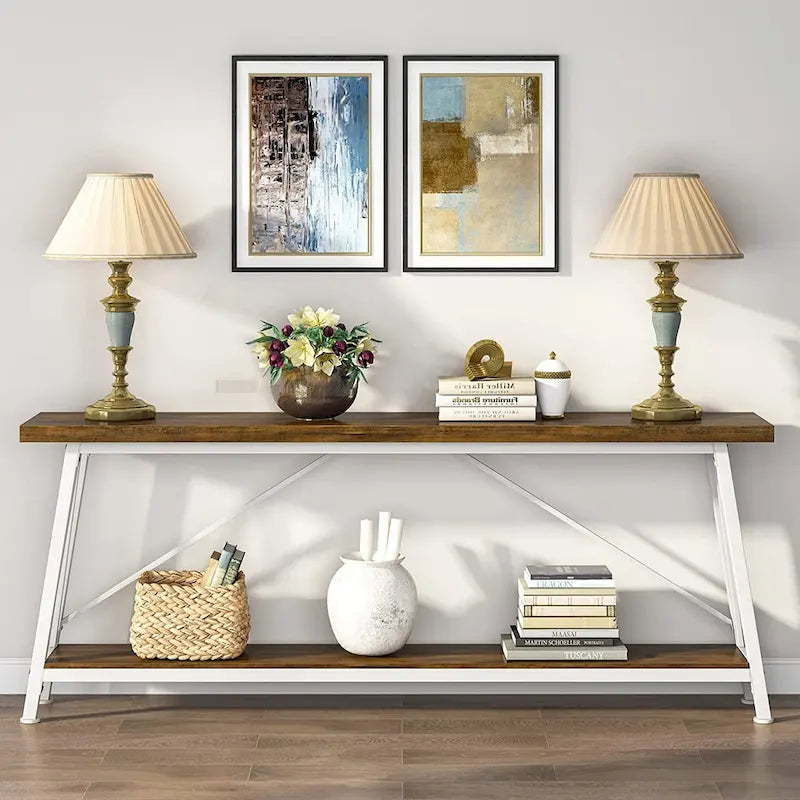 Table console rustique industrielle avec étagères à 2 niveaux et pieds en métal, marron/gris/doré/marron clair et blanc/marron clair et noir/gris clair et blanc - Usage unique