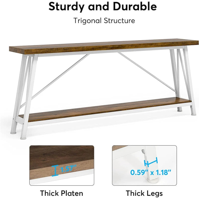 Table console rustique industrielle avec étagères à 2 niveaux et pieds en métal, marron/gris/doré/marron clair et blanc/marron clair et noir/gris clair et blanc - Usage unique