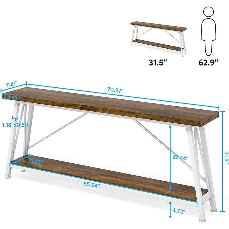 Table console rustique industrielle avec étagères à 2 niveaux et pieds en métal, marron/gris/doré/marron clair et blanc/marron clair et noir/gris clair et blanc - Usage unique