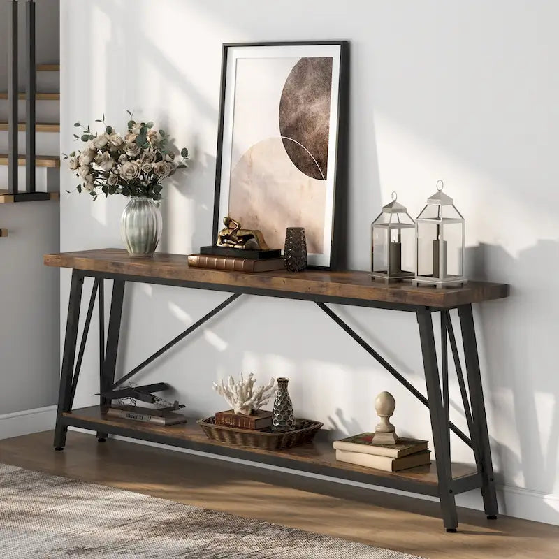 Table console rustique industrielle avec étagères à 2 niveaux et pieds en métal, marron/gris/doré/marron clair et blanc/marron clair et noir/gris clair et blanc - Usage unique