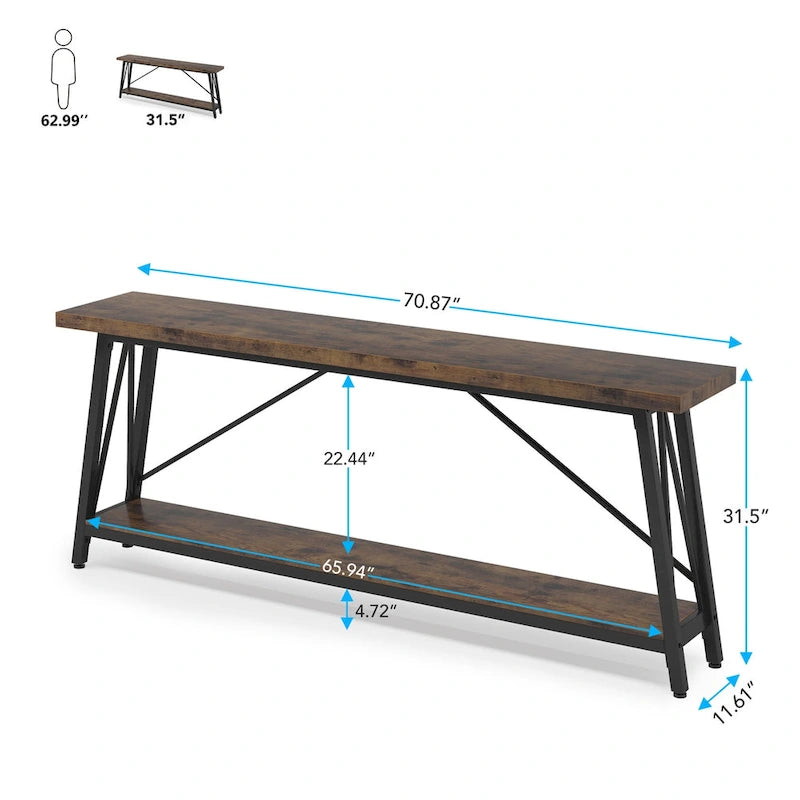 Table console rustique industrielle avec étagères à 2 niveaux et pieds en métal, marron/gris/doré/marron clair et blanc/marron clair et noir/gris clair et blanc - Usage unique