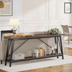 Table console rustique industrielle avec étagères à 2 niveaux et pieds en métal, marron/gris/doré/marron clair et blanc/marron clair et noir/gris clair et blanc - Usage unique