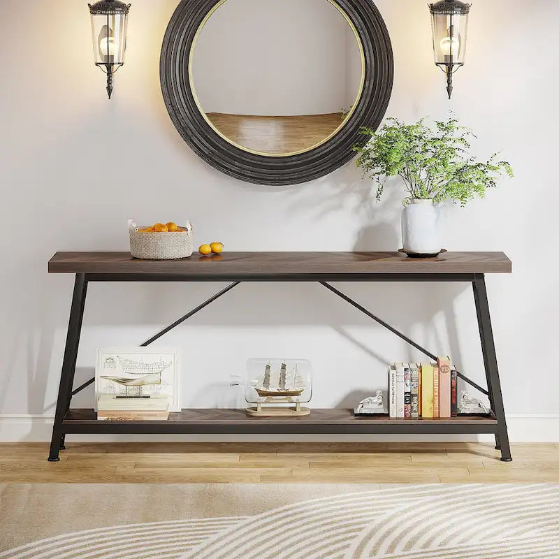 Table console rustique industrielle avec étagères à 2 niveaux et pieds en métal, marron/gris/doré/marron clair et blanc/marron clair et noir/gris clair et blanc - Usage unique