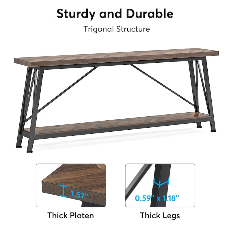 Table console rustique industrielle avec étagères à 2 niveaux et pieds en métal, marron/gris/doré/marron clair et blanc/marron clair et noir/gris clair et blanc - Usage unique