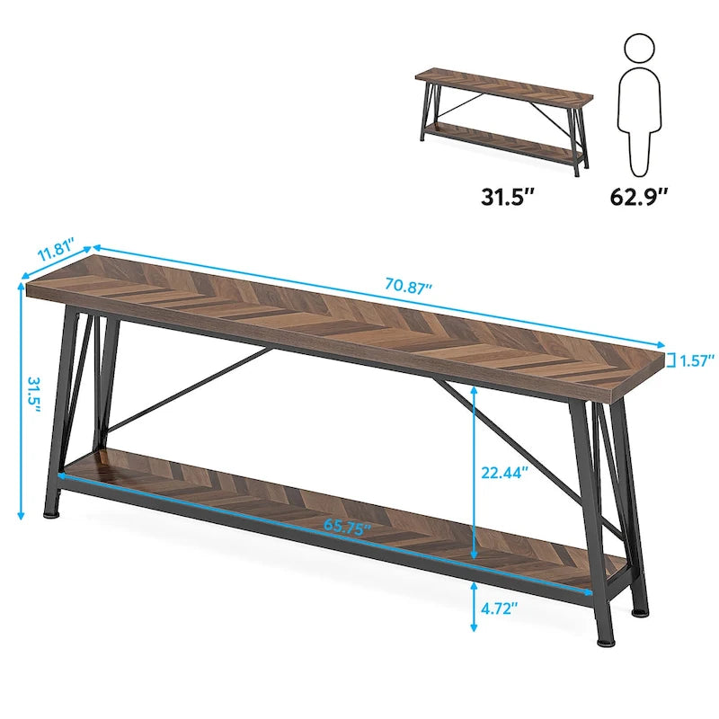 Table console rustique industrielle avec étagères à 2 niveaux et pieds en métal, marron/gris/doré/marron clair et blanc/marron clair et noir/gris clair et blanc - Usage unique