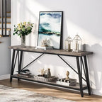 Table console rustique industrielle avec étagères à 2 niveaux et pieds en métal, marron/gris/doré/marron clair et blanc/marron clair et noir/gris clair et blanc - Usage unique