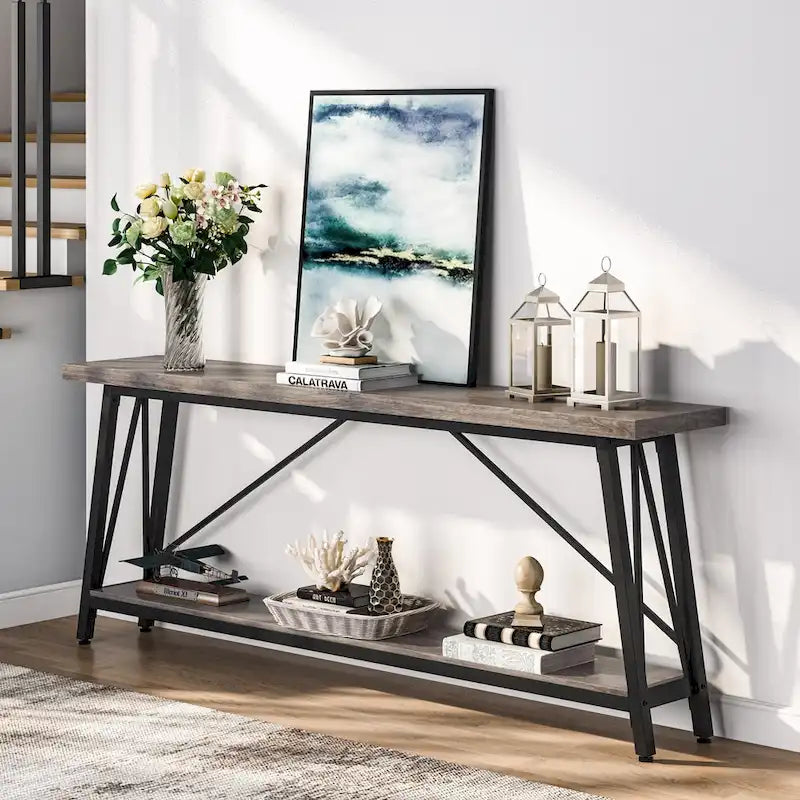 Table console rustique industrielle avec étagères à 2 niveaux et pieds en métal, marron/gris/doré/marron clair et blanc/marron clair et noir/gris clair et blanc - Usage unique