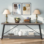Table console rustique industrielle avec étagères à 2 niveaux et pieds en métal, marron/gris/doré/marron clair et blanc/marron clair et noir/gris clair et blanc - Usage unique