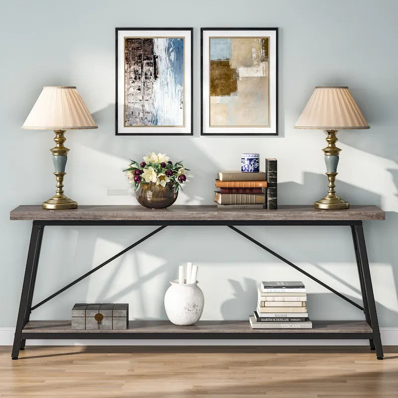 Table console rustique industrielle avec étagères à 2 niveaux et pieds en métal, marron/gris/doré/marron clair et blanc/marron clair et noir/gris clair et blanc - Usage unique