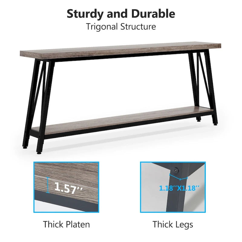 Table console rustique industrielle avec étagères à 2 niveaux et pieds en métal, marron/gris/doré/marron clair et blanc/marron clair et noir/gris clair et blanc - Usage unique