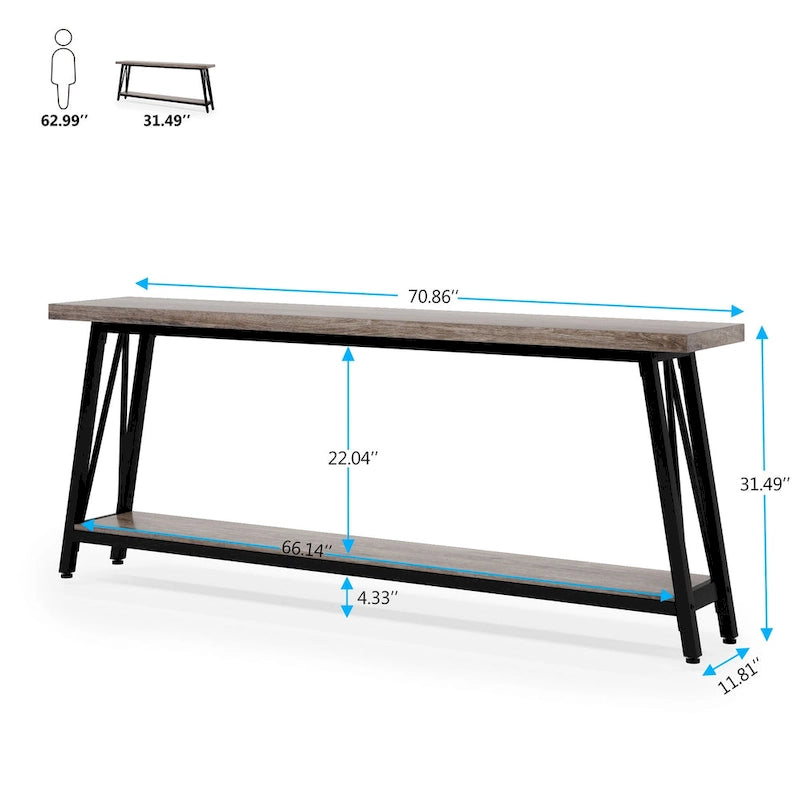 Table console rustique industrielle avec étagères à 2 niveaux et pieds en métal, marron/gris/doré/marron clair et blanc/marron clair et noir/gris clair et blanc - Usage unique