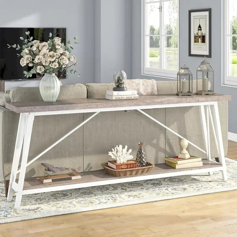 Table console rustique industrielle avec étagères à 2 niveaux et pieds en métal, marron/gris/doré/marron clair et blanc/marron clair et noir/gris clair et blanc - Usage unique