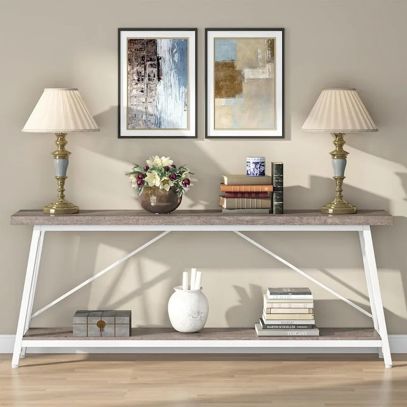 Table console rustique industrielle avec étagères à 2 niveaux et pieds en métal, marron/gris/doré/marron clair et blanc/marron clair et noir/gris clair et blanc - Usage unique