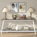 Table console rustique industrielle avec étagères à 2 niveaux et pieds en métal, marron/gris/doré/marron clair et blanc/marron clair et noir/gris clair et blanc - Usage unique