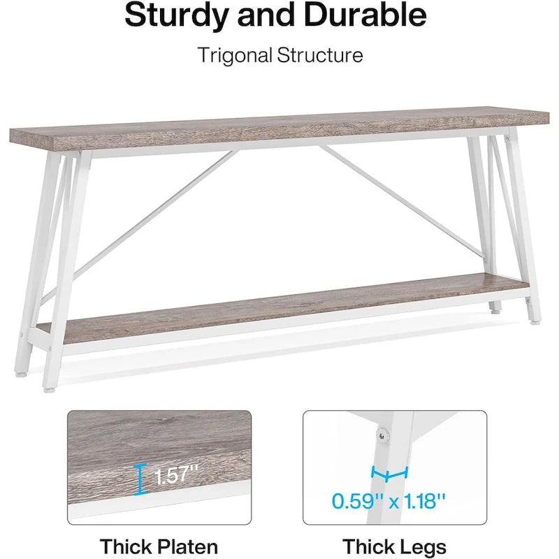 Table console rustique industrielle avec étagères à 2 niveaux et pieds en métal, marron/gris/doré/marron clair et blanc/marron clair et noir/gris clair et blanc - Usage unique