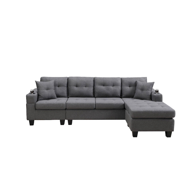 Canapé sectionnel en tissu polyester gris/noir avec méridienne interchangeable et porte-gobelets - 3 places et plus