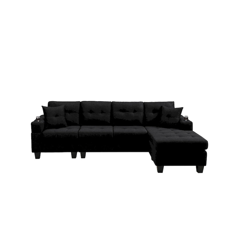 Canapé sectionnel en tissu polyester gris/noir avec méridienne interchangeable et porte-gobelets - 3 places et plus
