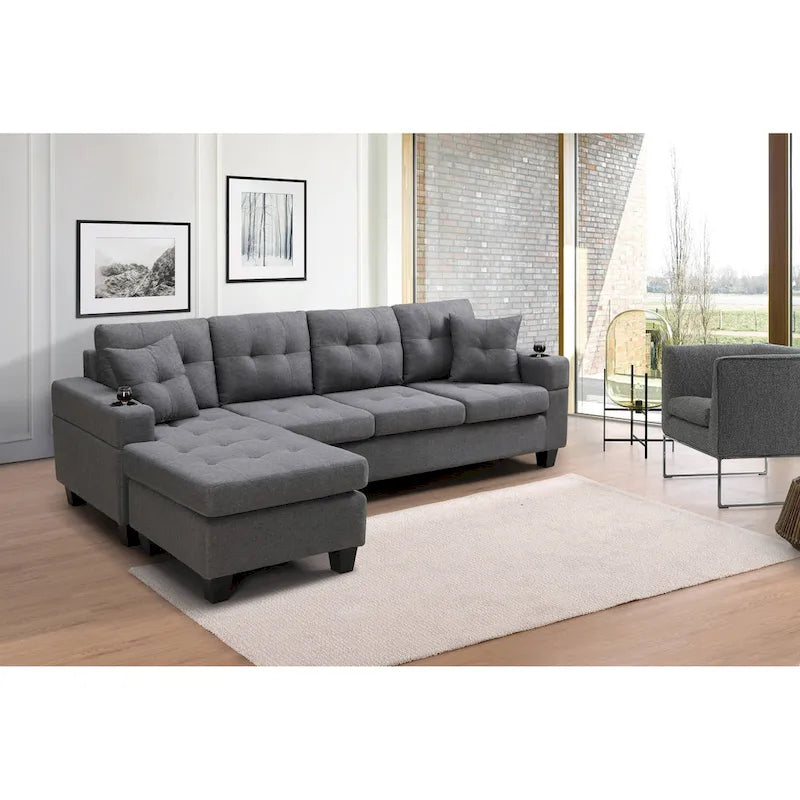 Canapé sectionnel en tissu polyester gris/noir avec méridienne interchangeable et porte-gobelets - 3 places et plus