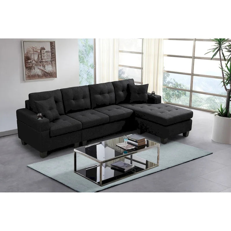 Canapé sectionnel en tissu polyester gris/noir avec méridienne interchangeable et porte-gobelets - 3 places et plus
