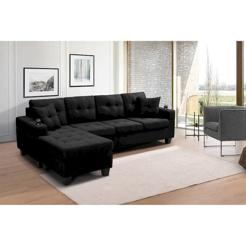 Canapé sectionnel en tissu polyester gris/noir avec méridienne interchangeable et porte-gobelets - 3 places et plus