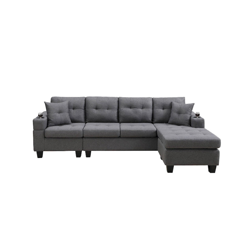 Canapé sectionnel en tissu polyester gris/noir avec méridienne interchangeable et porte-gobelets - 3 places et plus